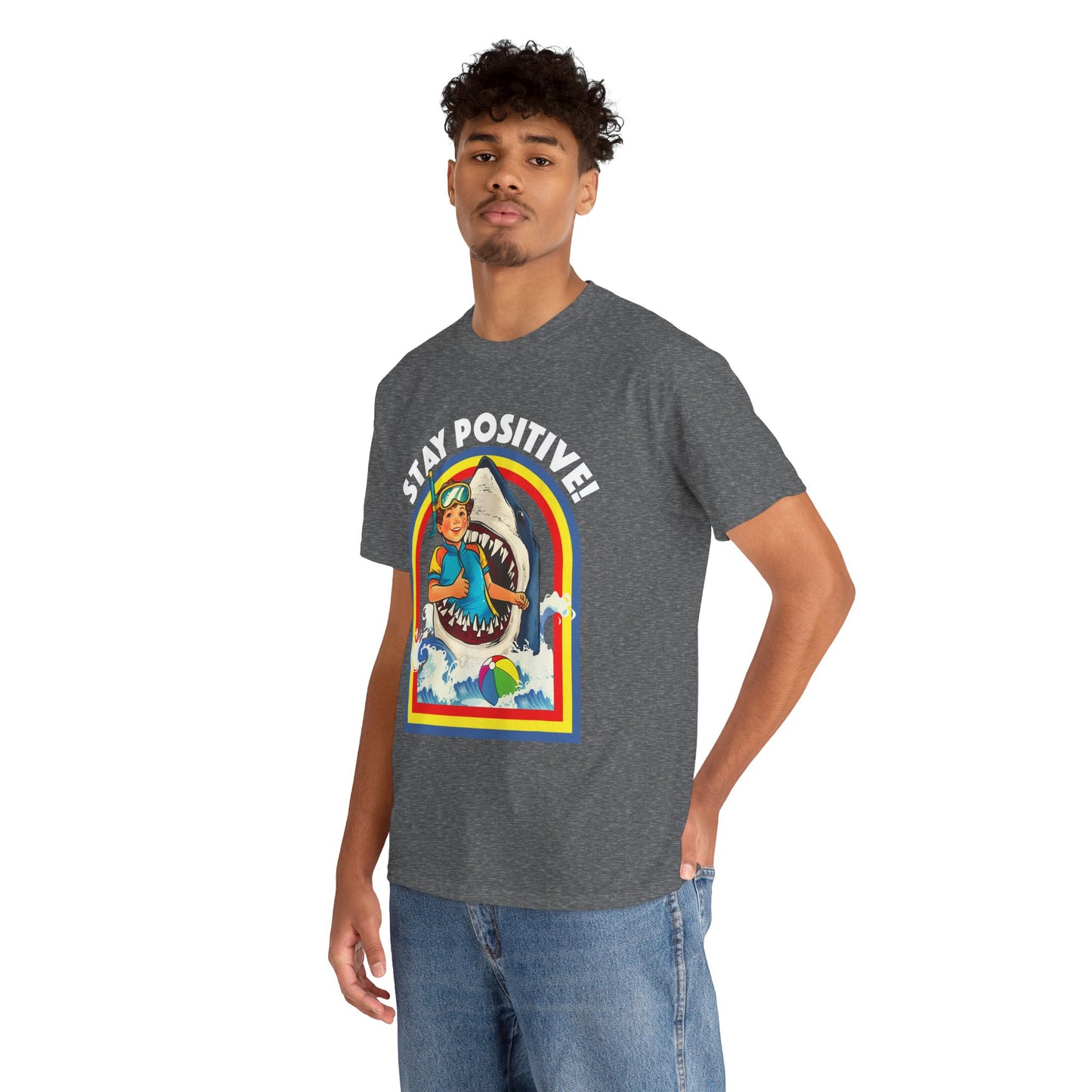 Funny, Retro 'Stay Positive' Shark Tee