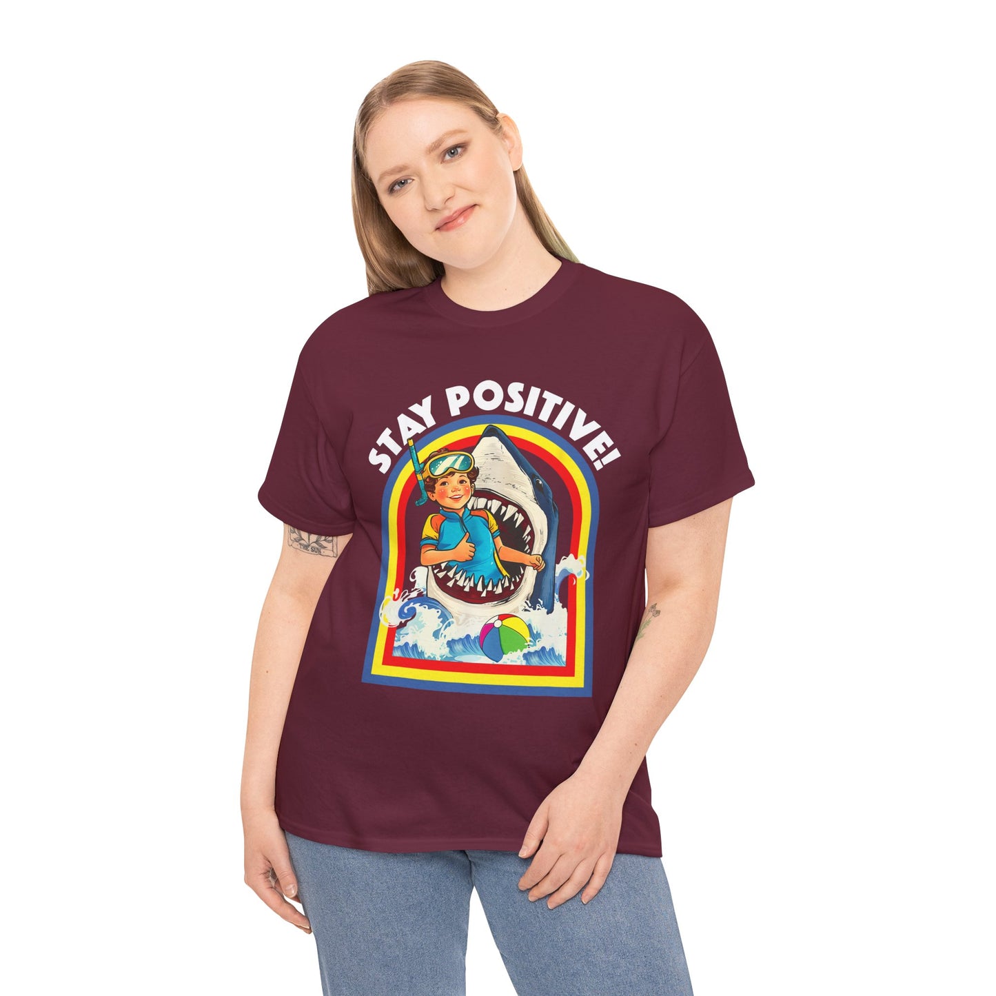 Funny, Retro 'Stay Positive' Shark Tee