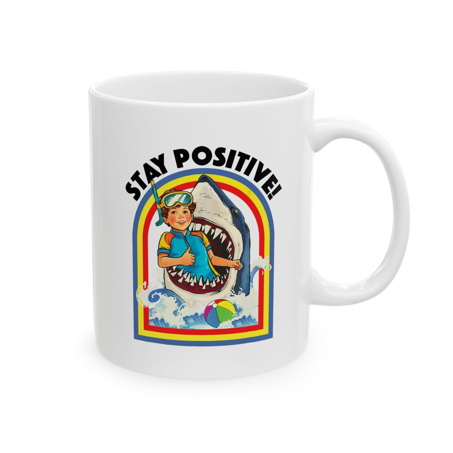 Coffee Mug - Funny Vintage 'Stay Positive' Swimming With Shark Inspirational Ceramic Mug, Perfect Gift