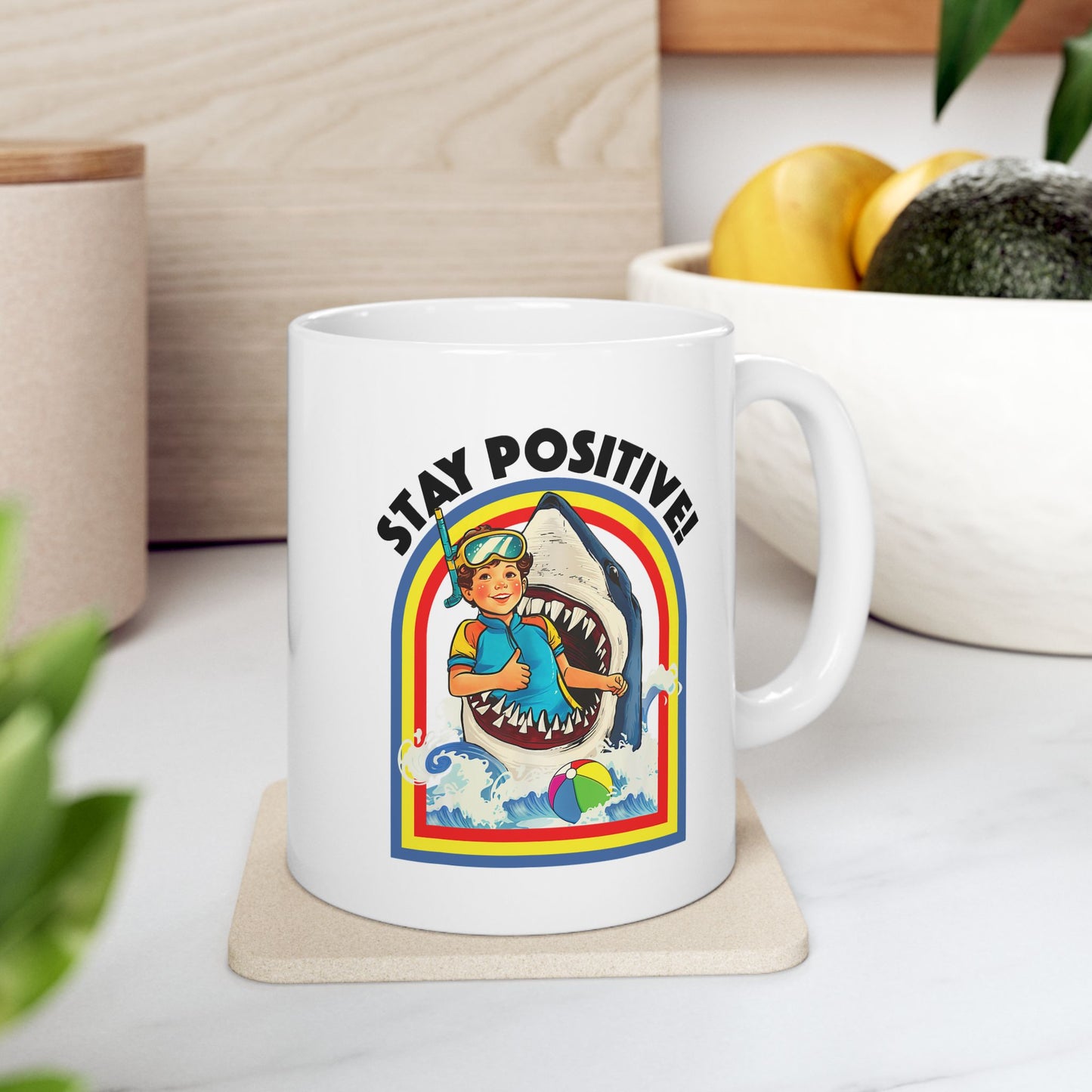 Coffee Mug - Funny Vintage 'Stay Positive' Swimming With Shark Inspirational Ceramic Mug, Perfect Gift