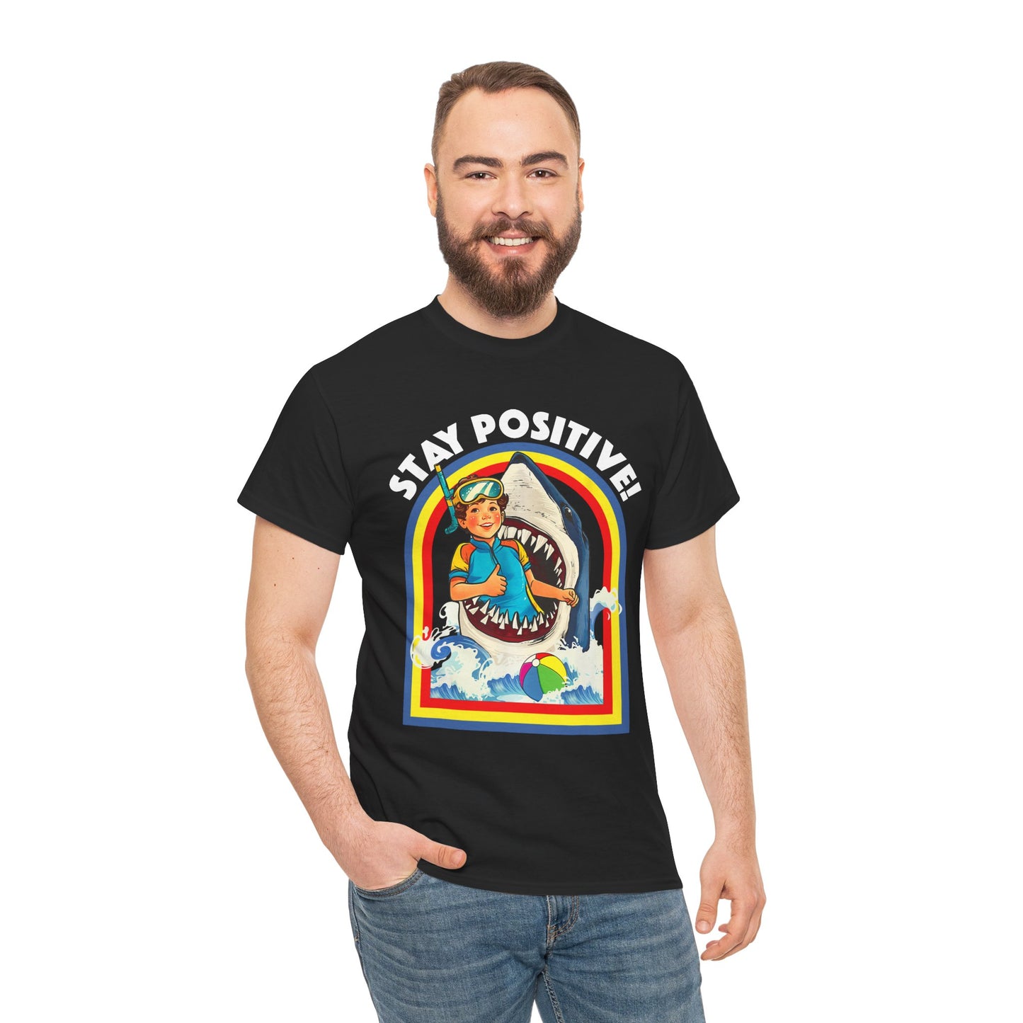 Funny, Retro 'Stay Positive' Shark Tee