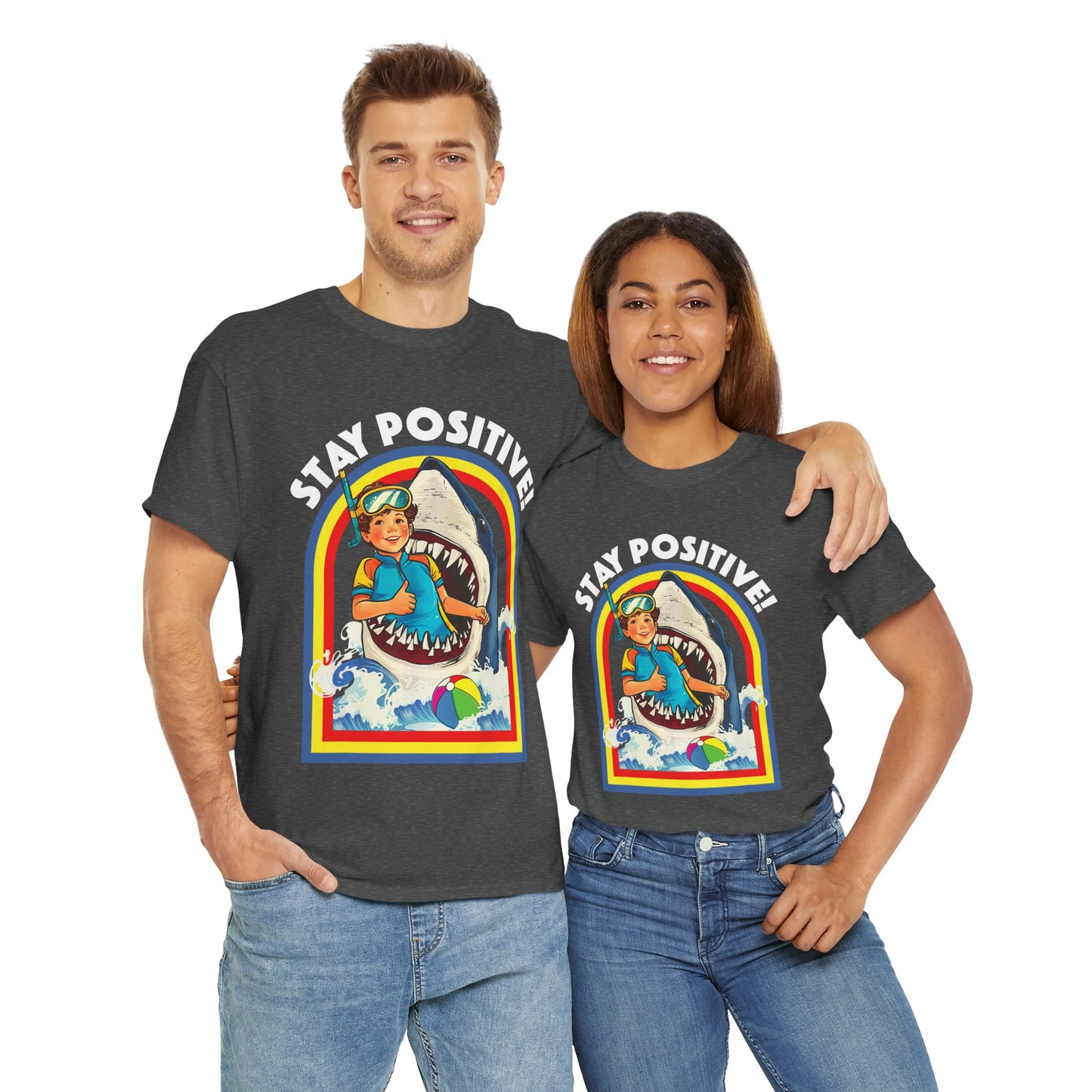Funny, Retro 'Stay Positive' Shark Tee
