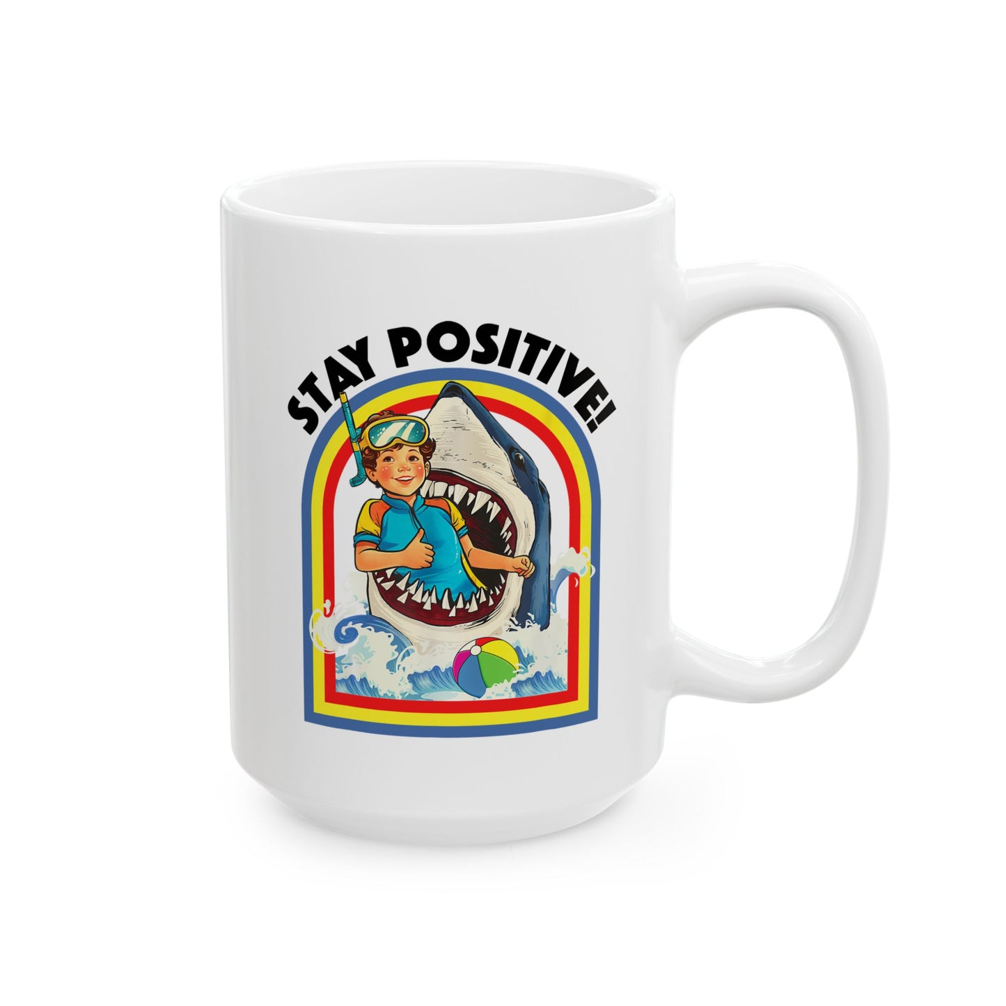 Coffee Mug - Funny Vintage 'Stay Positive' Swimming With Shark Inspirational Ceramic Mug, Perfect Gift