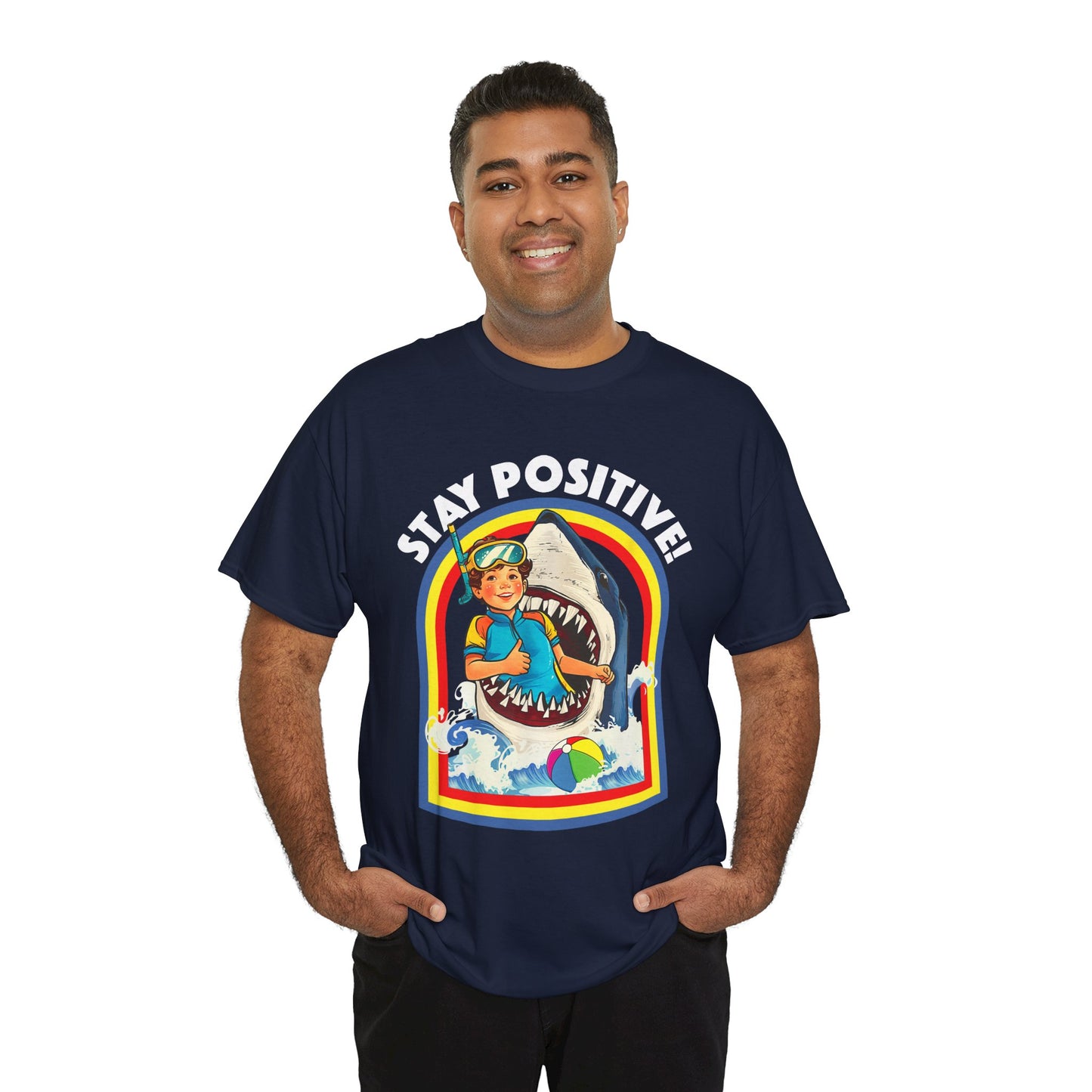 Funny, Retro 'Stay Positive' Shark Tee