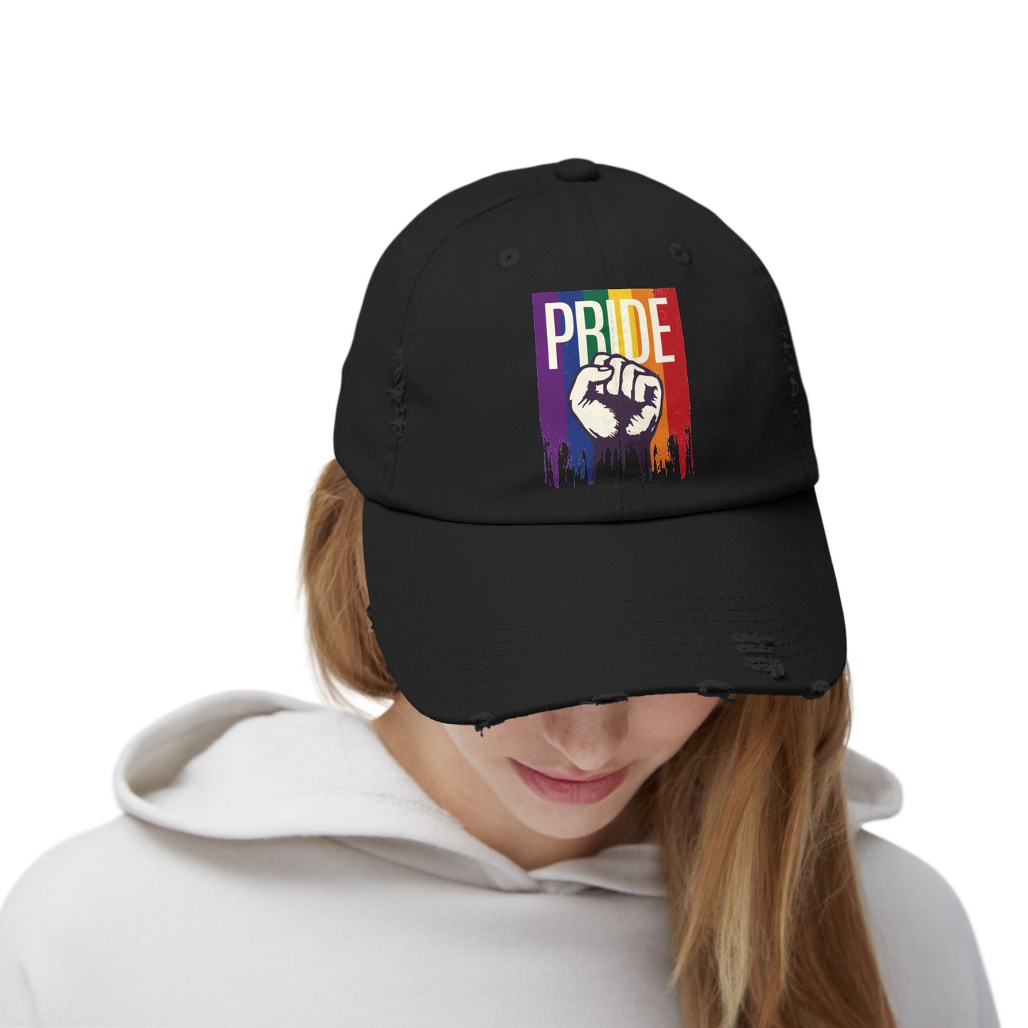 Unisex Distressed Cap - Pride Fist Graphic Hat for Celebrating LGBTQ+ Identity