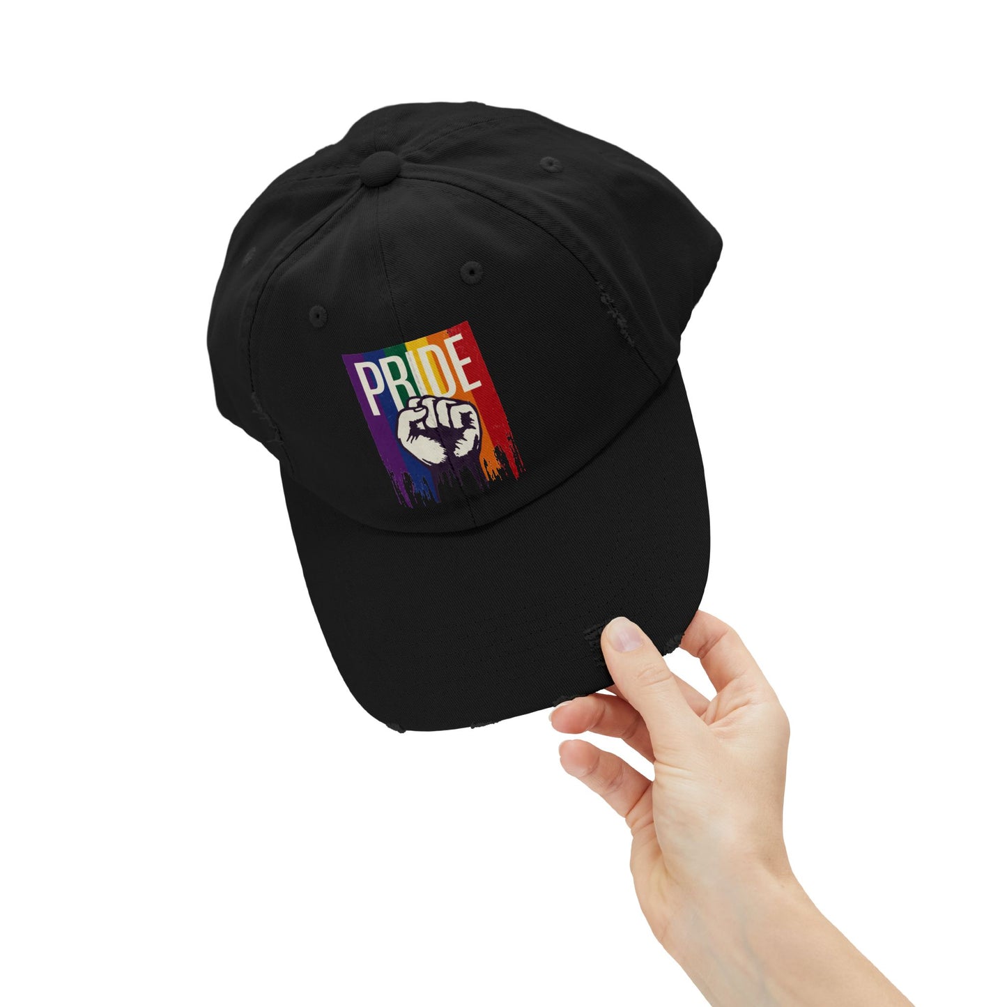 Unisex Distressed Cap - Pride Fist Graphic Hat for Celebrating LGBTQ+ Identity