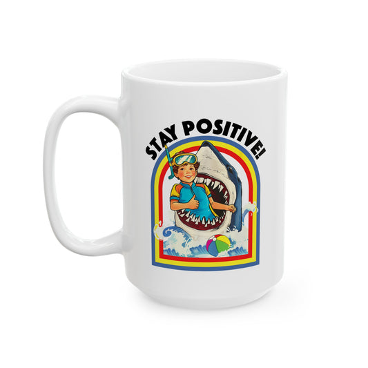 Coffee Mug - Funny Vintage 'Stay Positive' Swimming With Shark Inspirational Ceramic Mug, Perfect Gift
