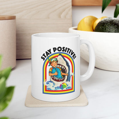Coffee Mug - Funny Vintage 'Stay Positive' Swimming With Shark Inspirational Ceramic Mug, Perfect Gift