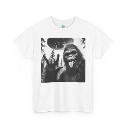 Funny Sasquatch UFO Bigfoot Rock On Selfie Unisex Tee