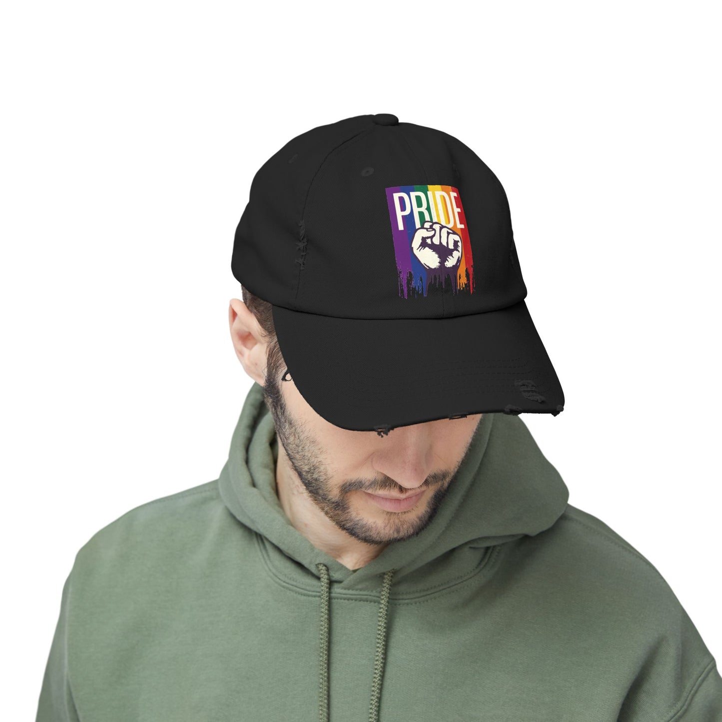 Unisex Distressed Cap - Pride Fist Graphic Hat for Celebrating LGBTQ+ Identity